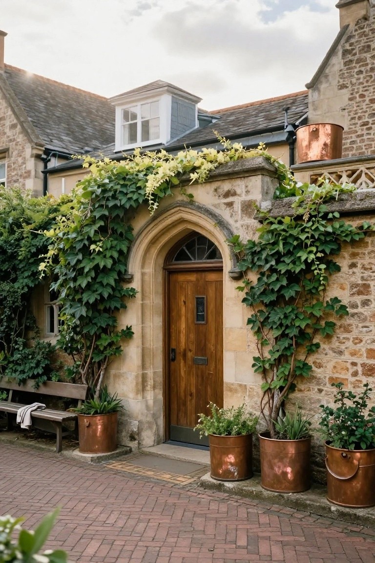 Arched stone entrance with wooden door framed by thick green ivy on beige stone walls, wooden bench with blanket, copper planters with greenery, and brick pathway in front.