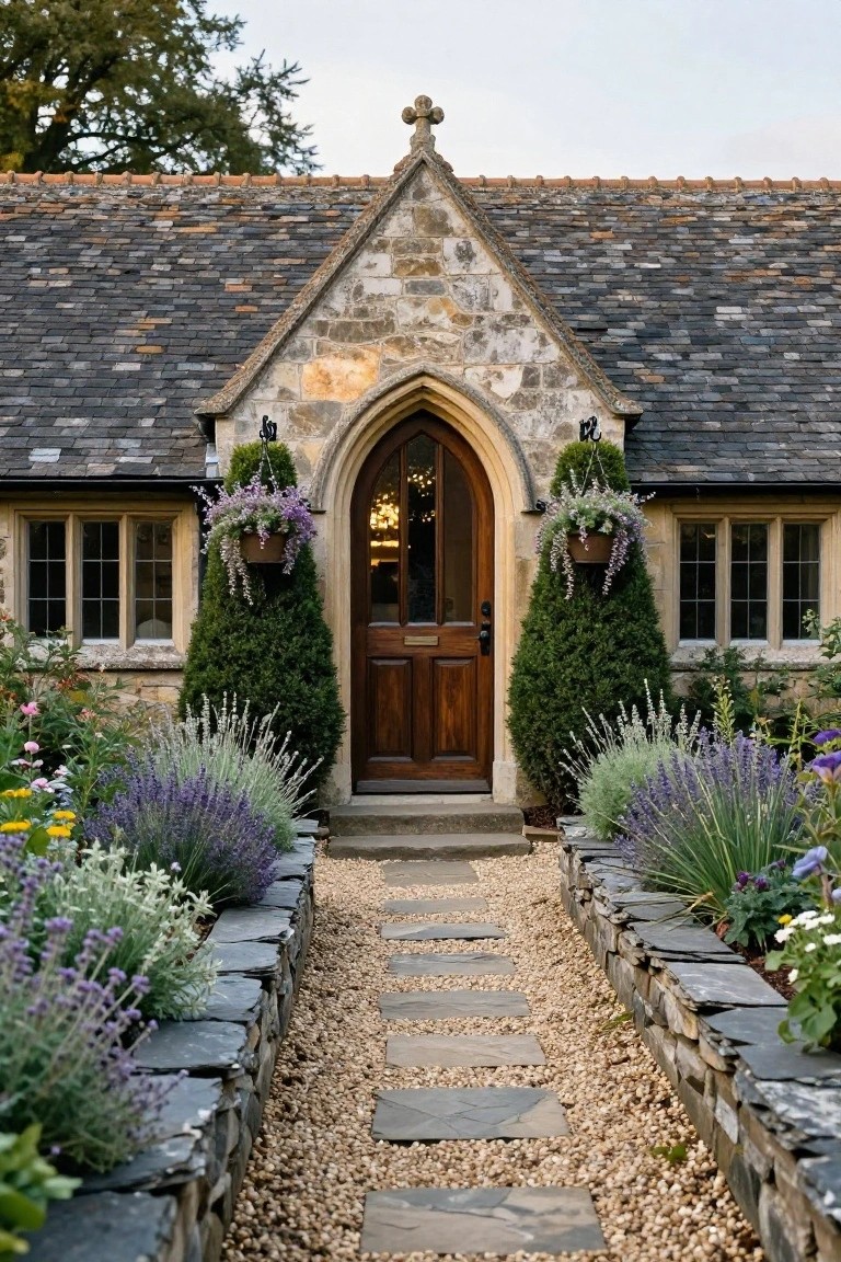 Stone cottage exterior with gothic arched wooden front door flanked by topiary yews and hanging flower baskets, approached by gravel path edged with slate walls and lavender plantings.