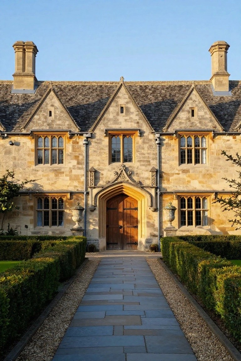 Beige stone Tudor-style house facade with gabled roof, tall chimneys, arched porch and wooden front door, approached by straight slate pathway edged with low clipped green hedges.