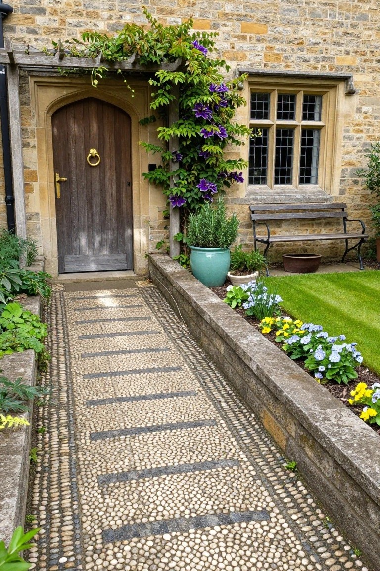 Stone cottage entrance with arched wooden door flanked by climbing clematis vines, approached by a pebble mosaic path with dark stone strips and bordered by raised flower beds along a low wall.