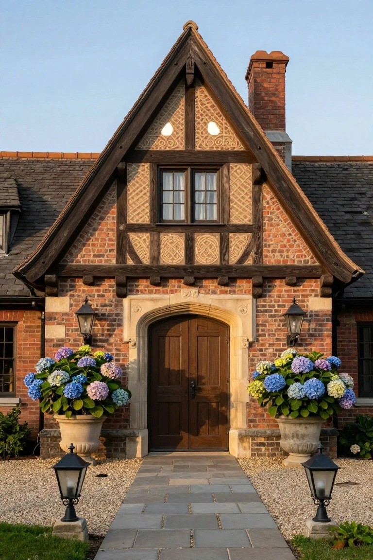 Tudor-style house gable entrance with brick walls, dark timber framing, arched stone doorway with wooden double doors, flanked by large stone urns of blue and purple hydrangeas, wall lanterns, and a straight slate stone walkway edged in gravel.