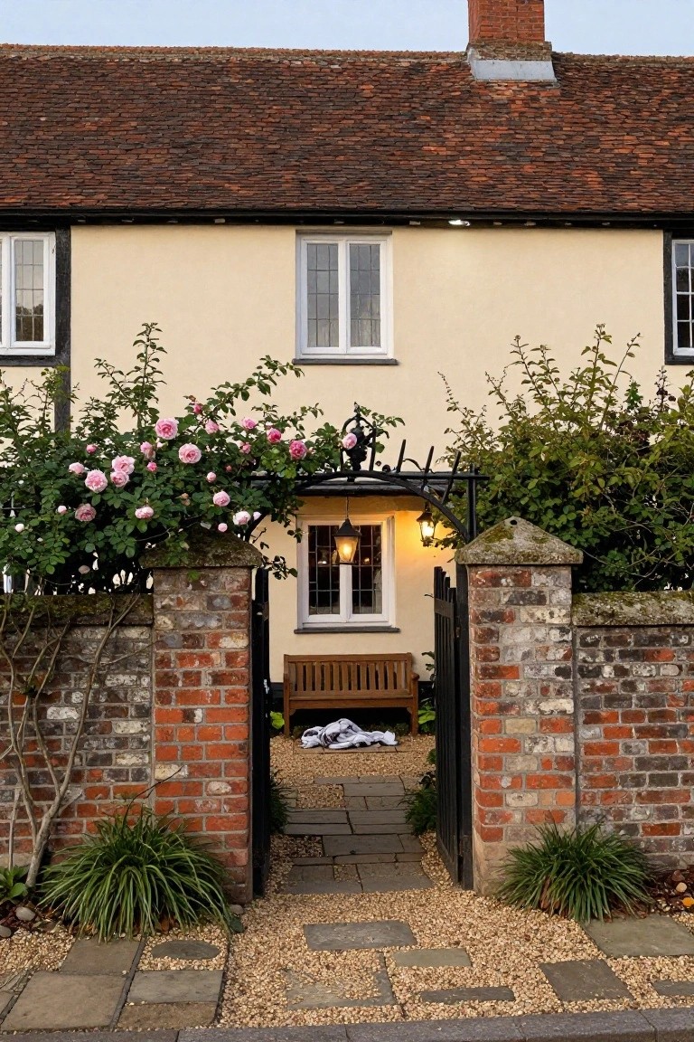 Cream Tudor-style house exterior with black wrought-iron arched gate covered in pink climbing roses, flanked by mossy brick pillars and grass plantings, opening to a gravel path, wooden bench, and lit front door.