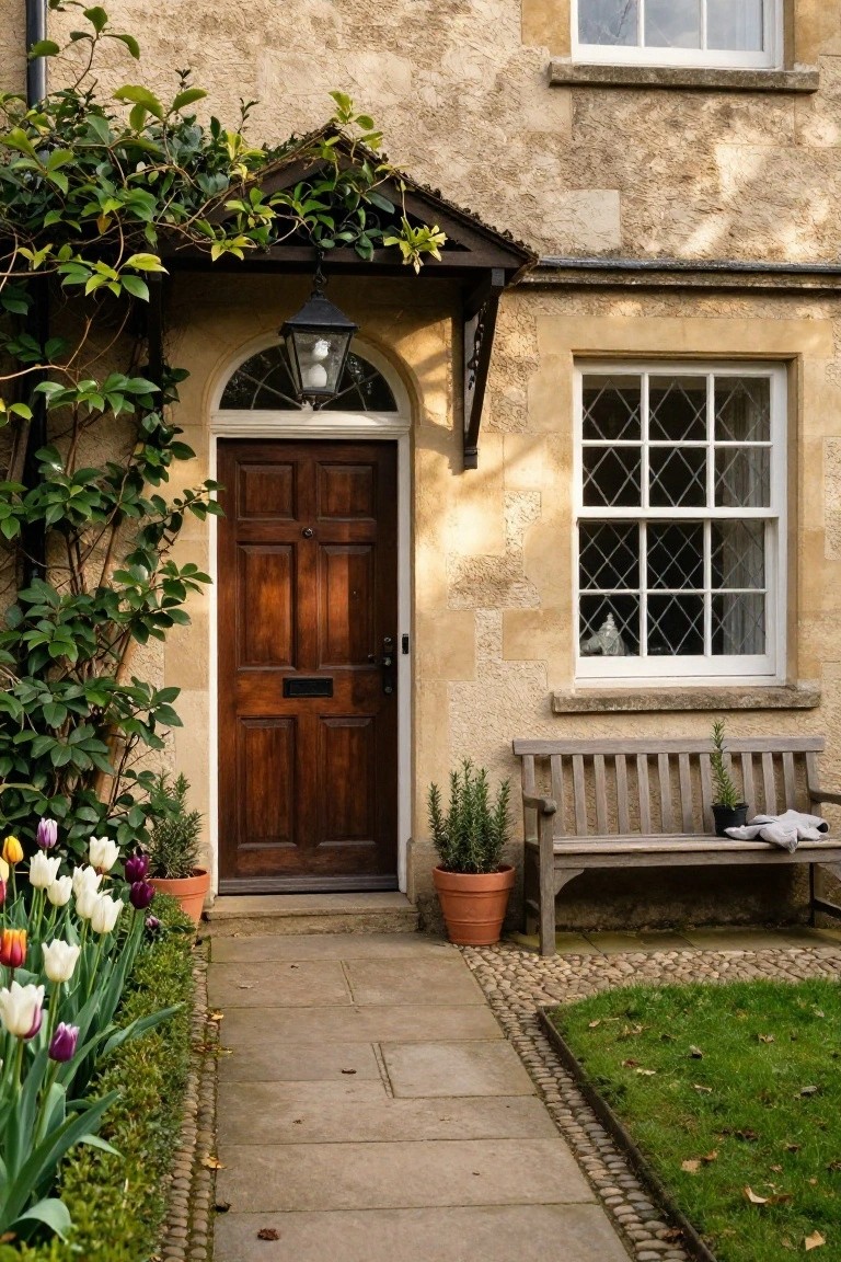 Beige stone house front with dark paneled wooden door under vine-covered porch and lantern, stone walkway edged in gravel and lined with colorful tulips, wooden bench with potted rosemary plants nearby, and grassy lawn.