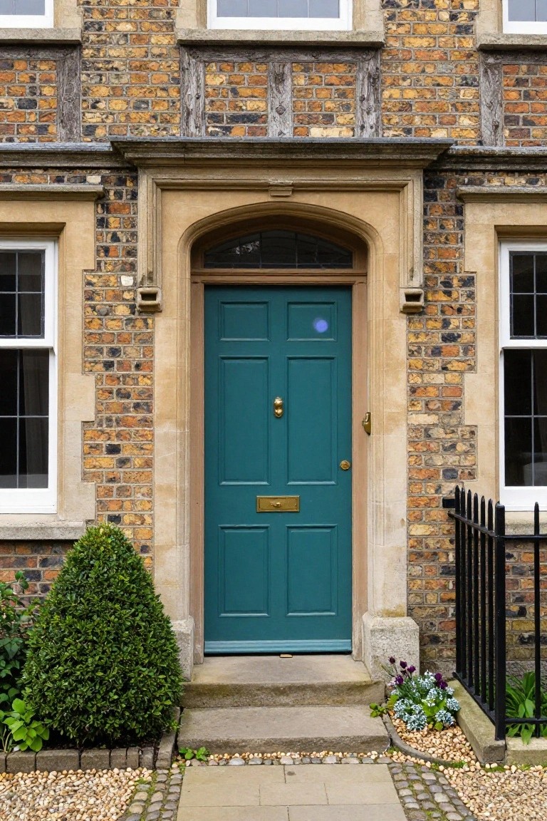 Teal paneled front door with brass knocker and letterbox on a brick Tudor-style house with arched stone surround, flanked by sash windows, a boxwood shrub, potted flowers, and a gravel and paver pathway.