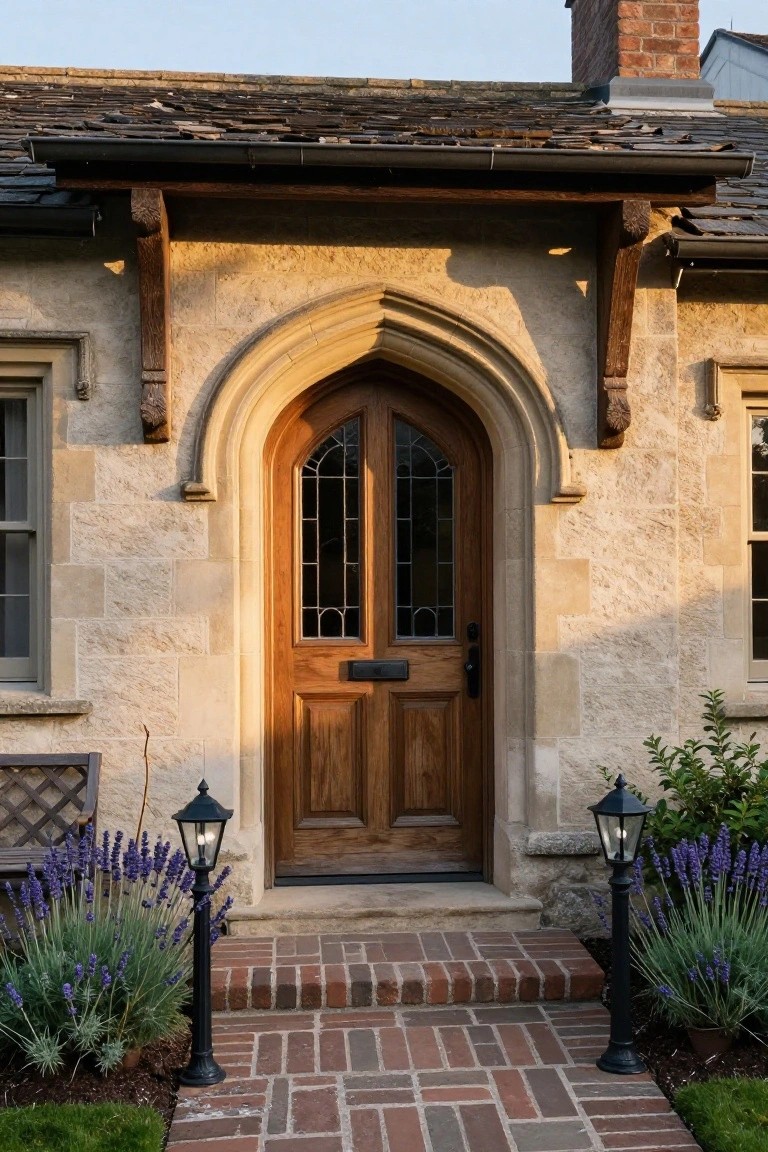 Beige stone house wall with a tall arched wooden front door featuring leaded glass, flanked by black lanterns and lavender plants beside a brick pathway and steps.