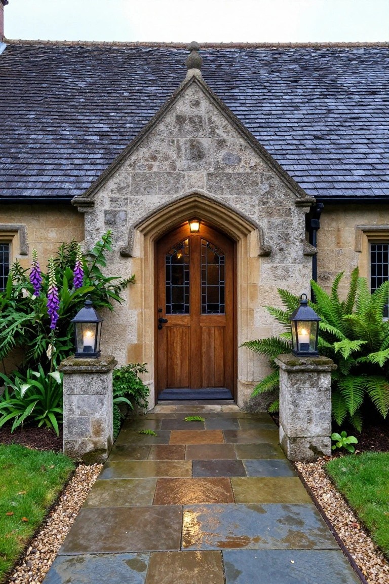 Tudor-style house front with pointed arched wooden double doors in stone surround, flanked by stone pillars topped with lanterns amid foxglove and fern plants, approached by a wide flagstone pathway edged in gravel and grass.