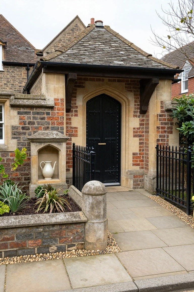 Tudor-style house porch with black arched wooden door, stone niche holding white jug, brick and stone walls, black iron gate, and garden bed along paved pathway.