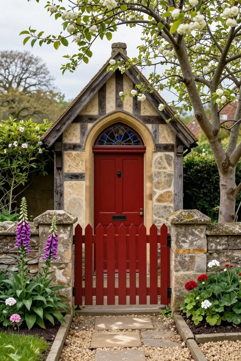 Small Tudor-style stone and timber building with arched blue stained-glass window over red wooden door, red picket gate on stone pillars at end of pebbled path, surrounded by foxgloves, geraniums, and trees.