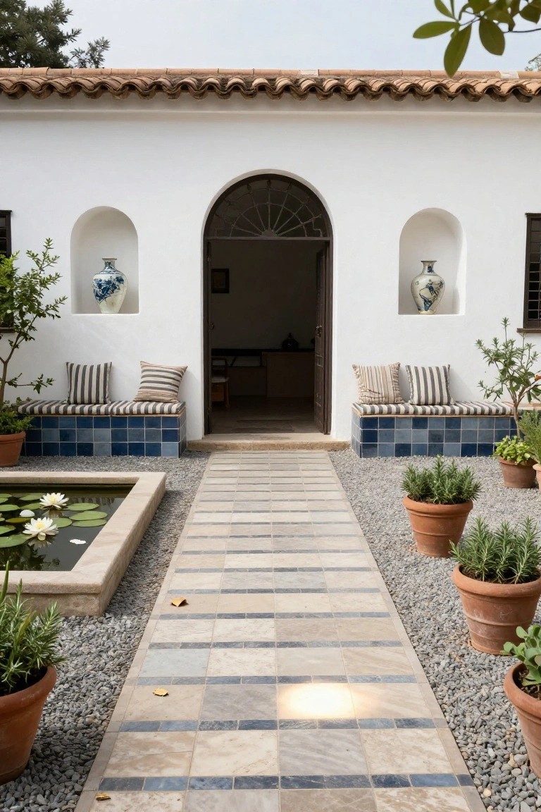 White stucco Spanish-style house exterior with arched open doorway, built-in blue-tiled benches with striped cushions, wall niches holding blue and white vases, stone tile pathway, small rectangular lily pond, gravel ground cover, and potted plants.
