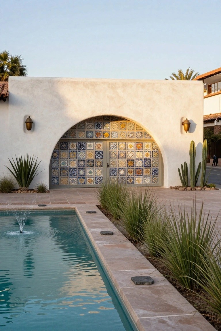 White stucco wall with an arched garage door covered in colorful patterned tiles, flanked by lanterns and desert plants, next to a rectangular pool with a fountain.
