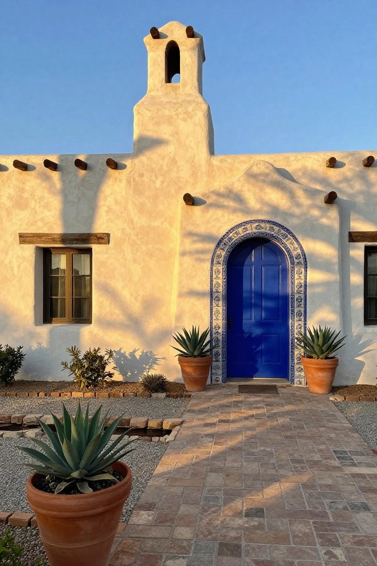 Adobe-style house facade with a bright blue arched wooden front door framed by blue and white tilework, wooden vigas on the walls and bell tower, potted agave plants on either side, and a brick pathway leading to the entry under a clear blue sky.