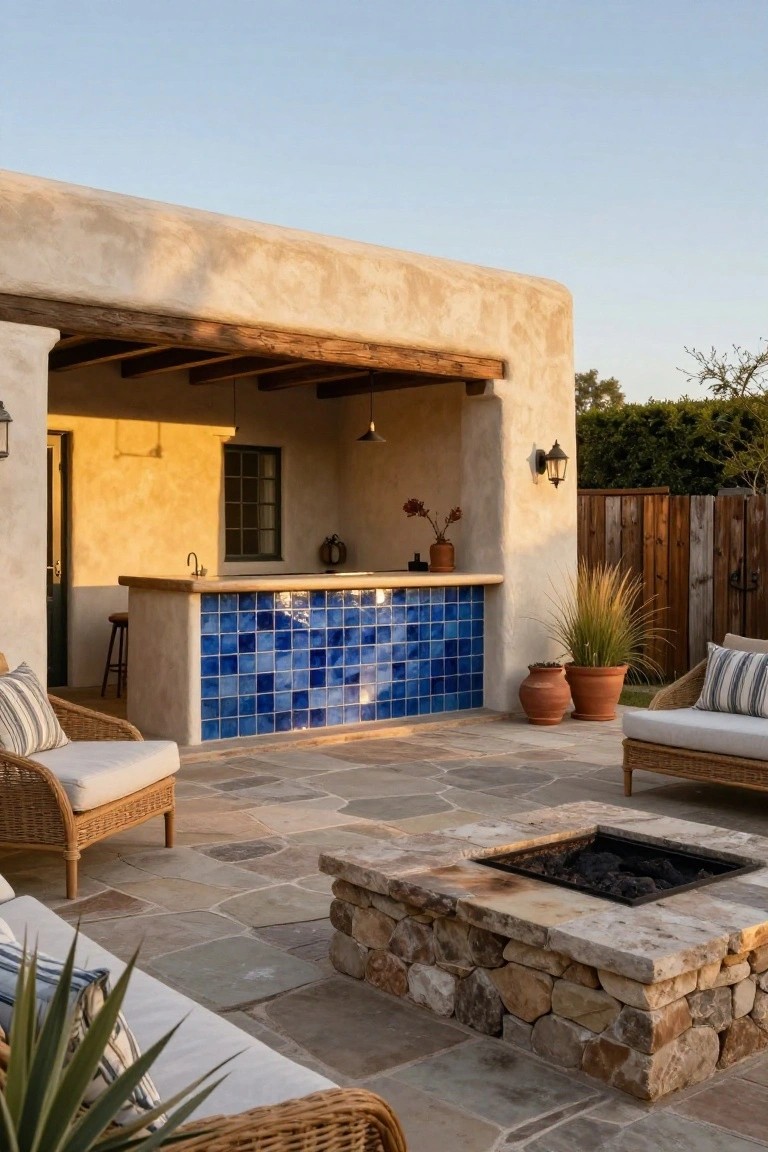 Adobe-style outdoor patio with wooden beam roof, blue tiled bar counter with sink, wicker lounge chairs, potted plants, and stone fire pit on flagstone pavers.