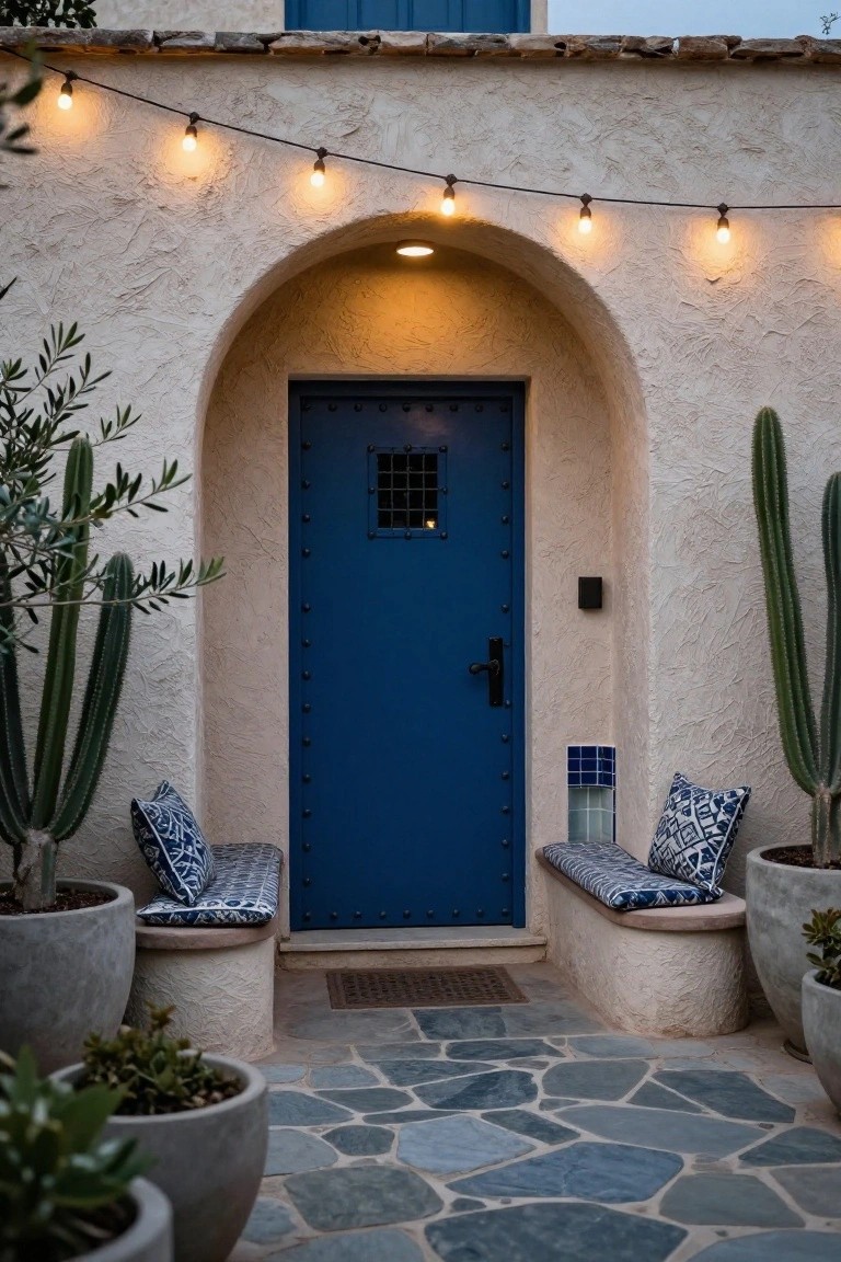 Arched stucco entryway with a navy blue metal door featuring a wrought iron grille, flanked by potted cacti plants and built-in benches with blue patterned cushions, string lights overhead, and pebble pathway in front.