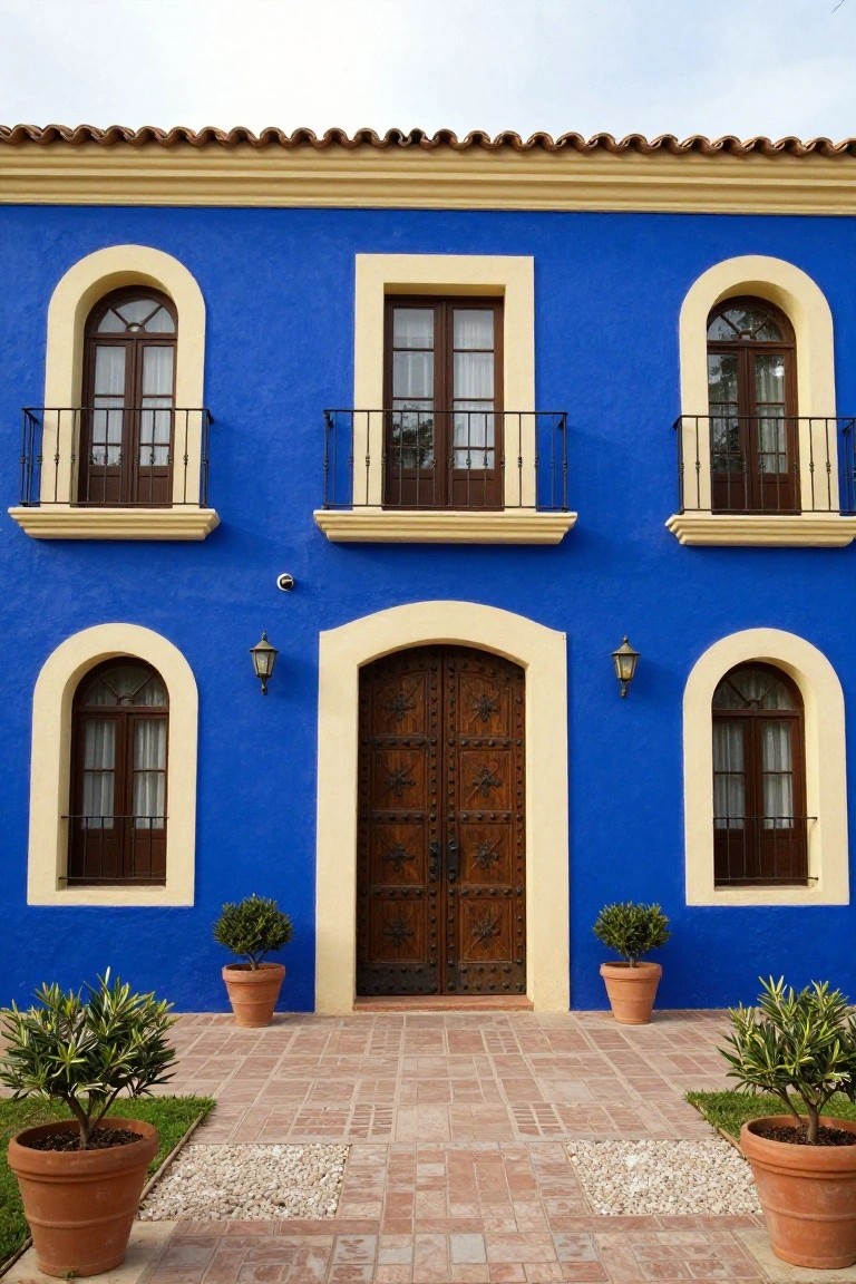 Blue building facade with arched windows, wooden door, and potted plants.