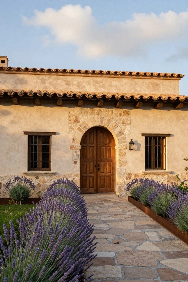 Front view of a Spanish-style ranch house with beige stucco walls, a wooden arched door framed in stone, flanked by windows with wrought iron grilles, and lavender plants lining a stone pathway.