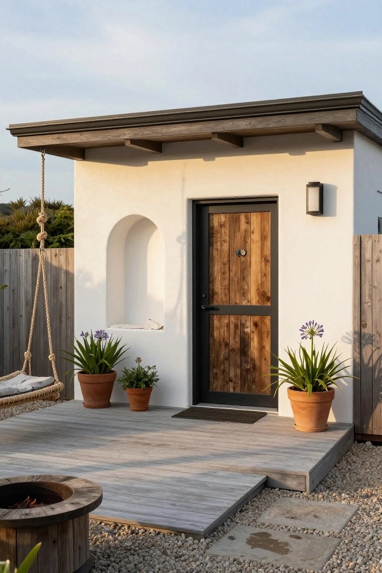 White stucco exterior of a small cottage-like structure with a dark wood door in black frame, adjacent arched niche containing a cushion, flanked by potted agapanthus plants, wooden deck, rope swing, and fire pit on gravel ground.