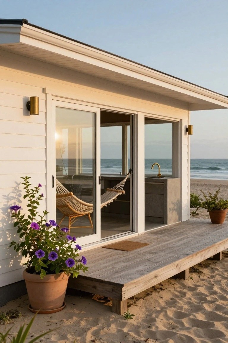 White exterior beach cottage with open sliding glass doors onto a wooden deck holding a hammock, potted plants, outdoor sink, and direct sand access to the ocean.