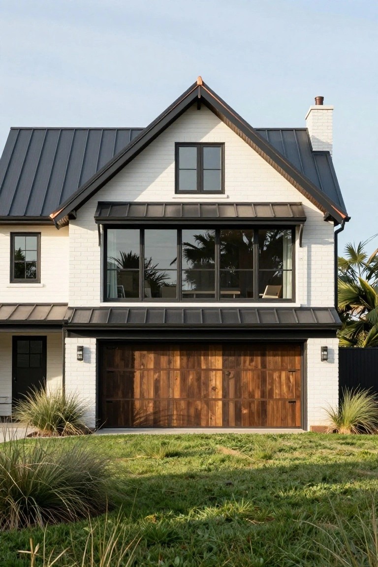 Front exterior of a white brick house with dark metal gabled roof, black-framed windows, wooden garage door, lanterns, and front yard grass edged with ornamental grasses and distant palm trees.