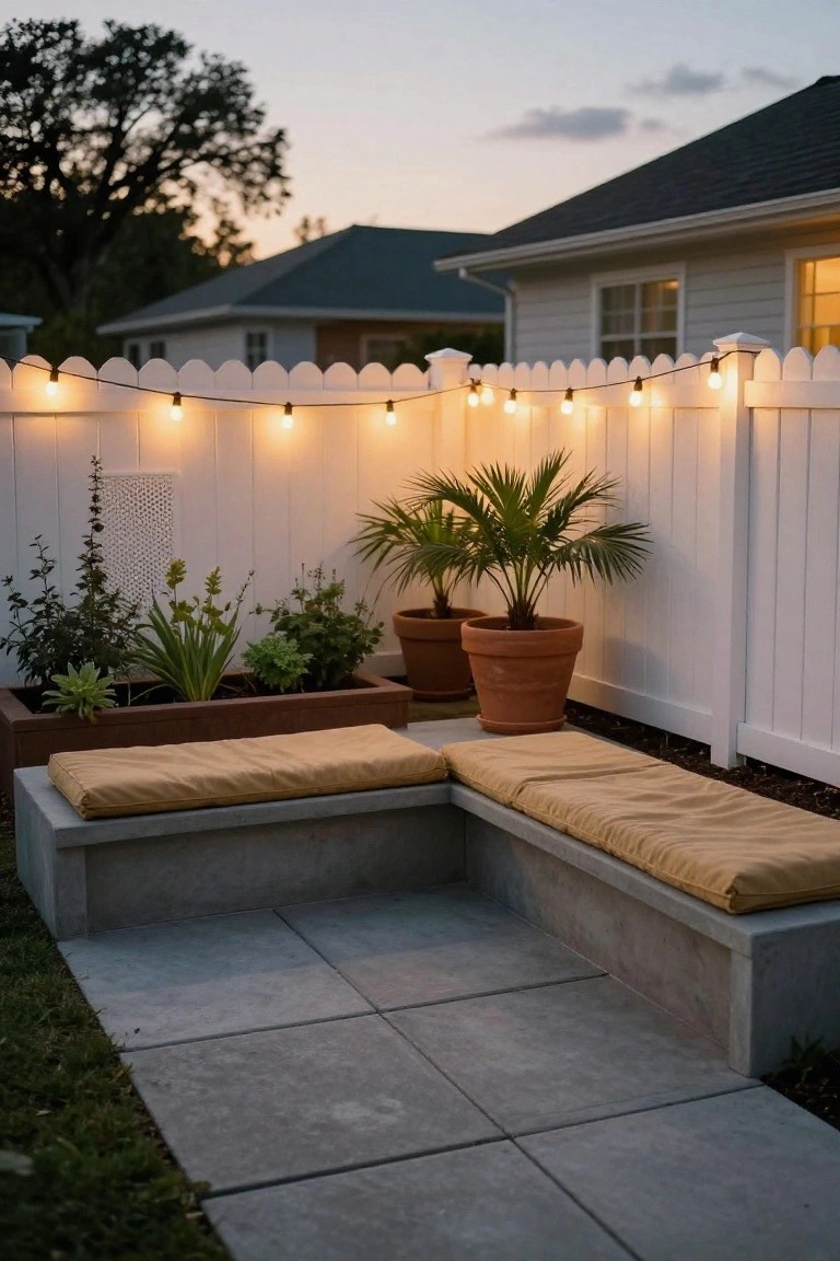 L-shaped concrete bench with beige cushions in a backyard corner, next to potted plants and palms, with string lights strung along a white picket fence and houses visible in the background at dusk.
