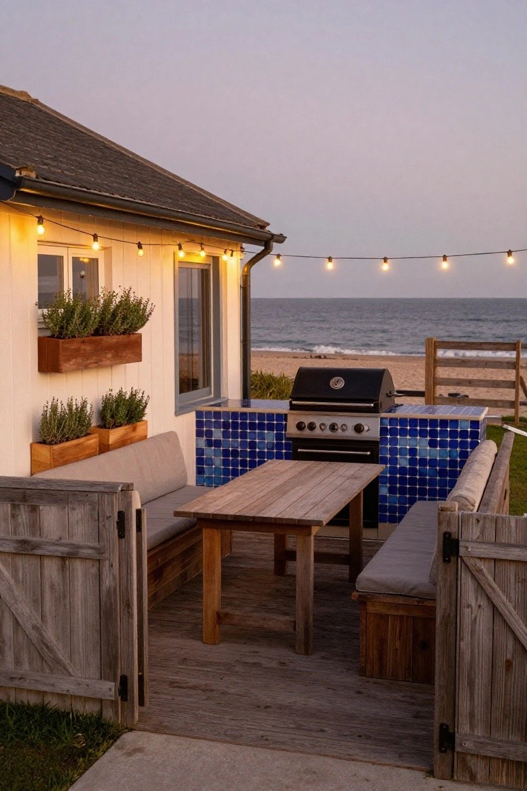 Outdoor patio beside a white beach house with blue mosaic-tiled built-in barbecue grill counter, wooden dining table and cushioned benches, wooden gate, string lights overhead, herb planters on the wall, and ocean view beyond.