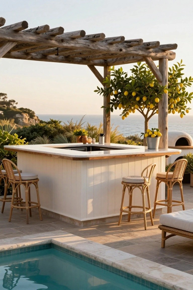 White paneled outdoor bar with rattan barstools under wooden pergola beside turquoise pool, lemon tree in galvanized bucket, pizza oven, and ocean view.