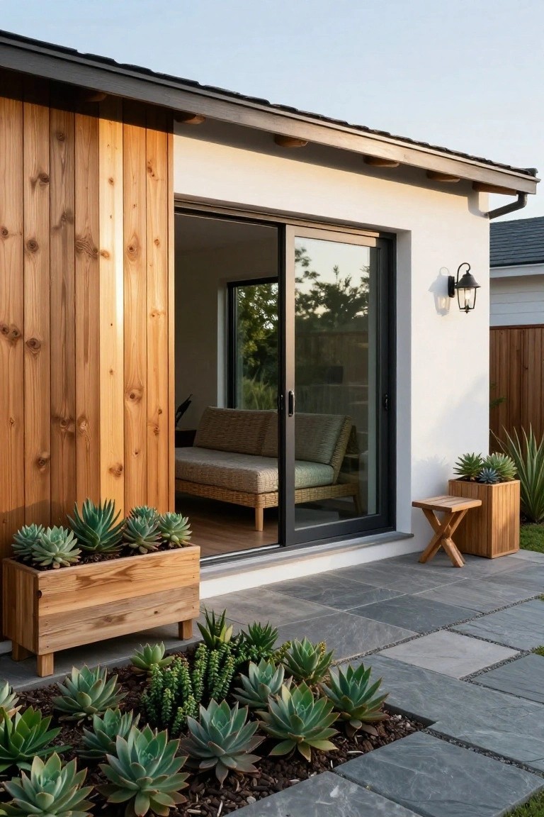 Exterior side view of a modern house with vertical cedar wood cladding adjacent to white stucco wall and open black sliding glass door, slate tile patio edged with succulent plants in wooden planters, and a small wooden stool nearby.