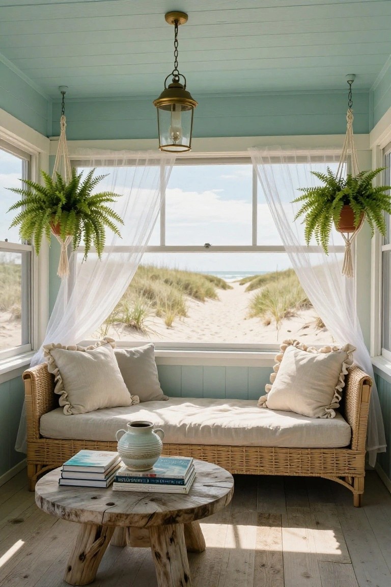 Cozy beach house porch with rattan sofa, ferns, and ocean dunes view.