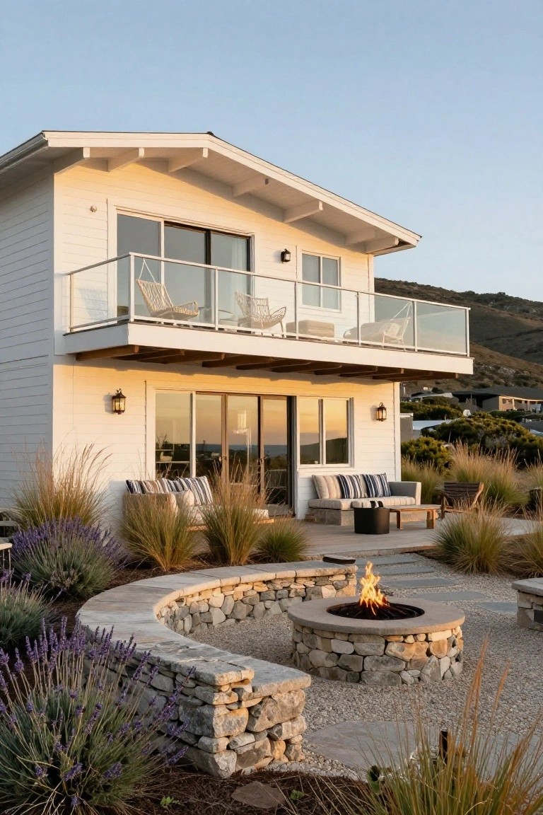 White modern beach cottage exterior with upper glass balcony and lower patio featuring curved stone fire pit bench, striped sofa cushions, wicker chairs, grasses, lavender plantings, and gravel ground at dusk.