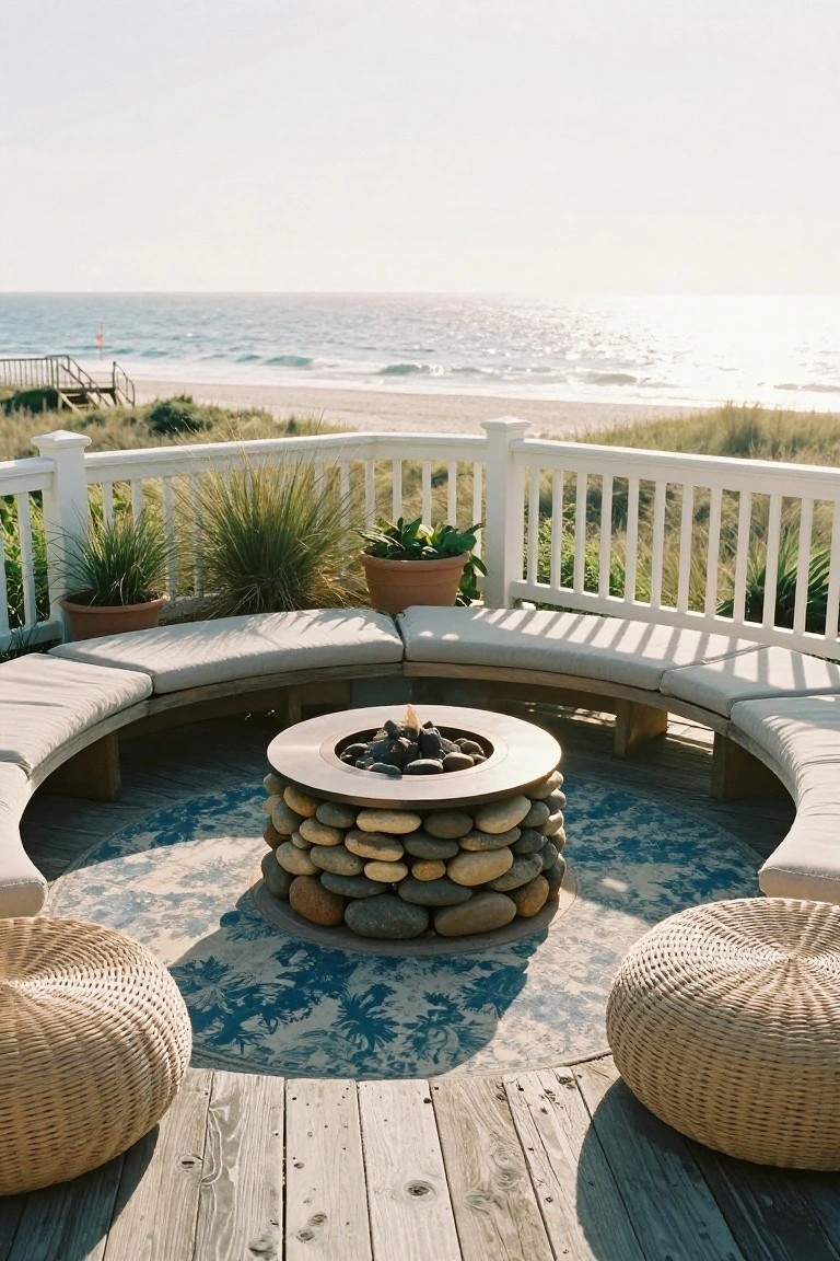 Circular fire pit with stacked stone base on a wooden deck, surrounded by curved cushioned benches, two wicker ottomans, potted plants, white railing, and beach view.