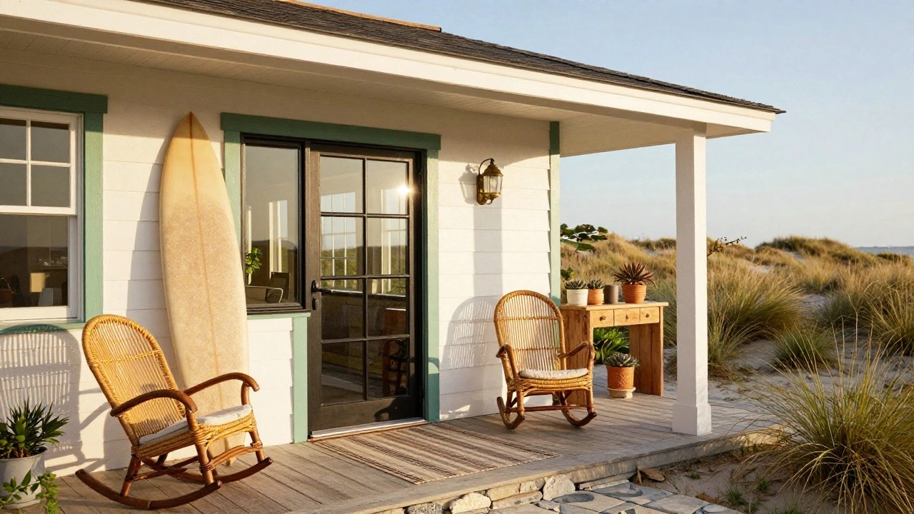 Small beach cottage exterior with white shiplap siding, green trim around doors and windows, wooden deck holding two wicker rocking chairs and potted succulents, yellow surfboard leaning on wall, dune grass and sand in foreground.