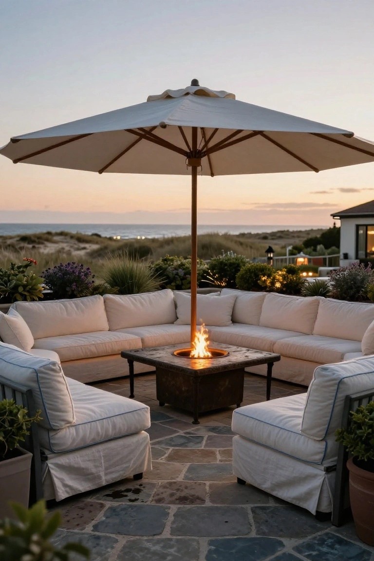 Stone terrace with beige L-shaped outdoor sofas around a square metal fire pit table, large white umbrella overhead, plants and ocean dunes visible in the background at dusk.