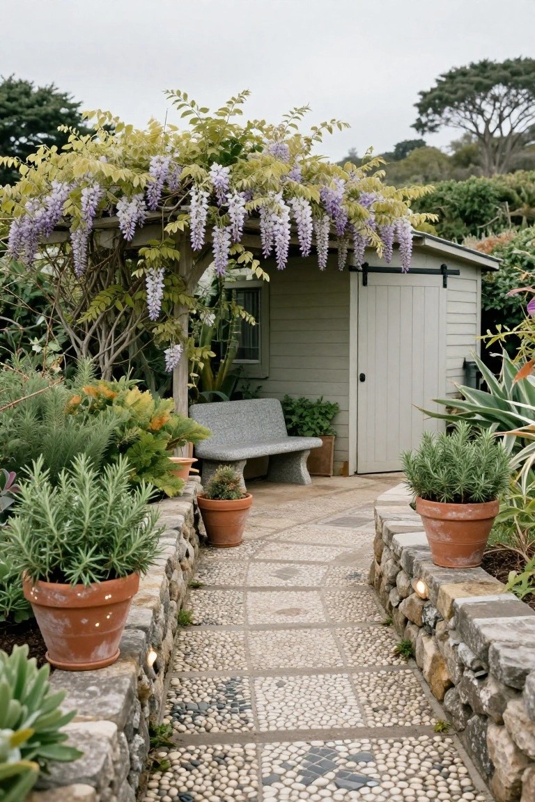 Curved garden path with pebble mosaic tiles and inlaid patterns, bordered by dry-stacked stone walls holding terracotta pots of rosemary and agave, leading to a light green shed draped in purple wisteria with a concrete bench beside the door.