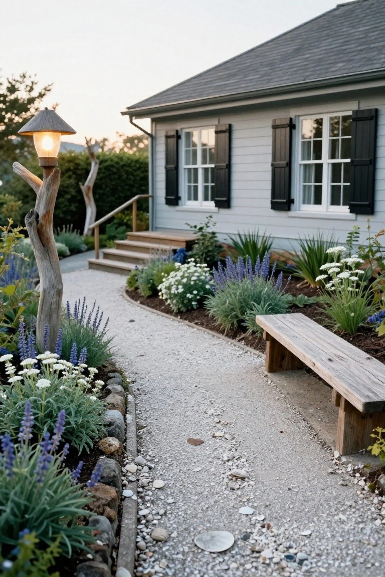 Light gray shingled cottage with black shutters and wooden entry steps, approached by a curved gravel path edged in lavender, agave, white yarrow, and rocks, featuring a driftwood lamp post and wooden bench.