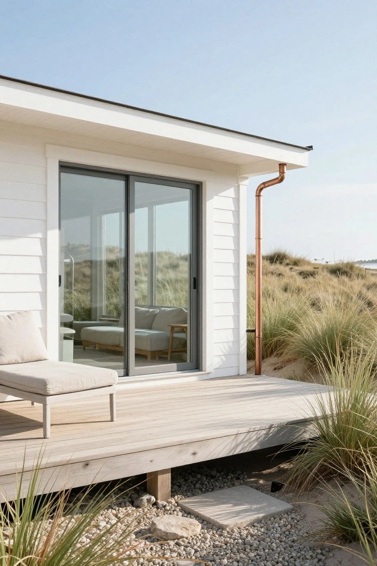 White clapboard beach house exterior with large dark-framed sliding glass doors opening onto a light wood deck, copper downspout, surrounded by sand dunes and beach grass under a clear sky.
