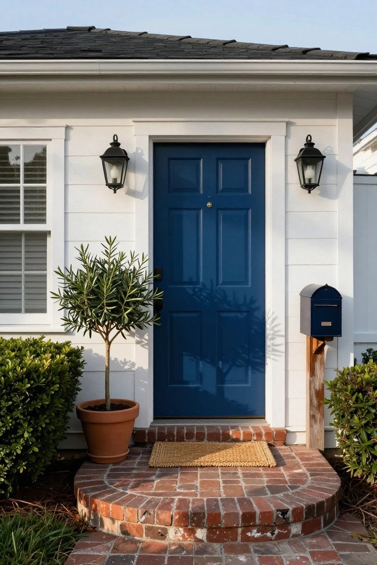 White clapboard house exterior featuring a navy blue paneled front door centered in white trim, flanked by black lanterns, with a potted olive tree, boxwood shrubs, brick entry steps, woven mat, and navy mailbox on a wooden post.