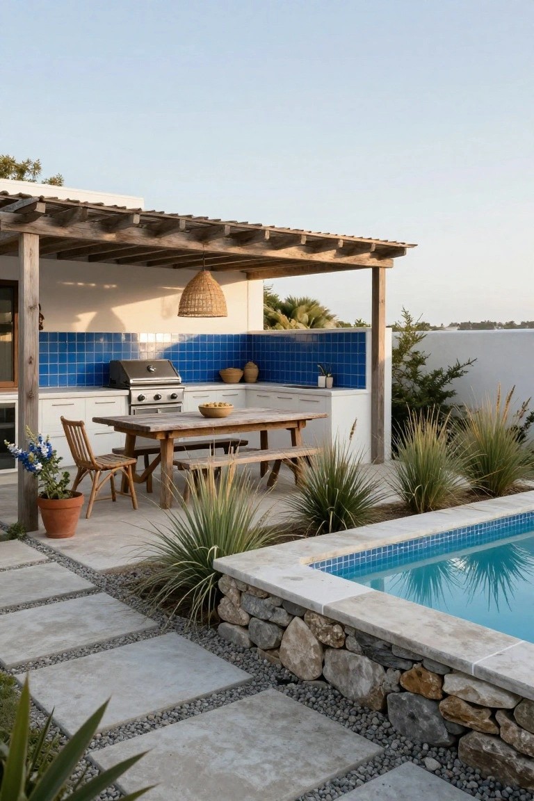 Outdoor kitchen under a wooden pergola featuring a gas grill against a blue tiled backsplash and white cabinets, with a wooden dining table, chairs, potted plants, agave plants, stone-edged turquoise pool, and paved pathways.