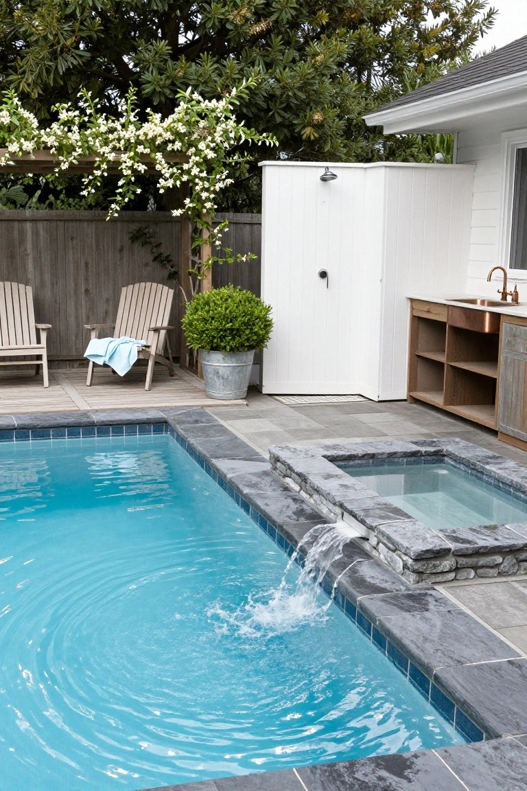 Backyard swimming pool adjacent to a raised hot tub with stone waterfall flowing into the pool, outdoor shower enclosure, wooden Adirondack chairs on deck, potted plants, and nearby wooden cabinetry with sink against a white fence and house wall.