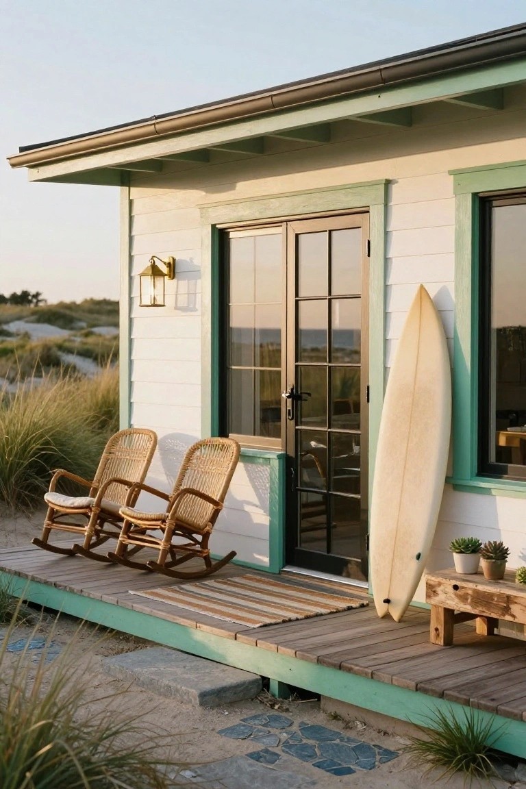 Small beach cottage exterior with white shiplap siding, green trim around doors and windows, wooden deck holding two wicker rocking chairs and potted succulents, yellow surfboard leaning on wall, dune grass and sand in foreground.