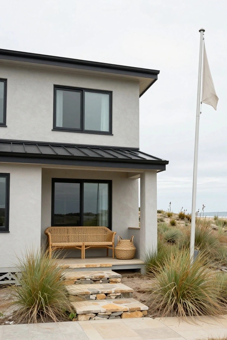 Gray stucco beach house with black metal roof and large windows, featuring a covered porch with rattan bench and woven basket, stone steps, native grasses, flagpole, and distant ocean view.