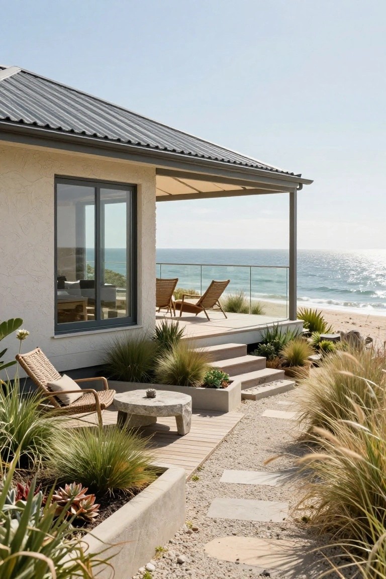 Exterior view of a modern beige stucco beach house with dark corrugated metal roof, wooden balcony deck holding rattan lounge chairs and a stone table behind glass railing overlooking ocean and sand, concrete steps to gravel path edged with grasses and succulents.