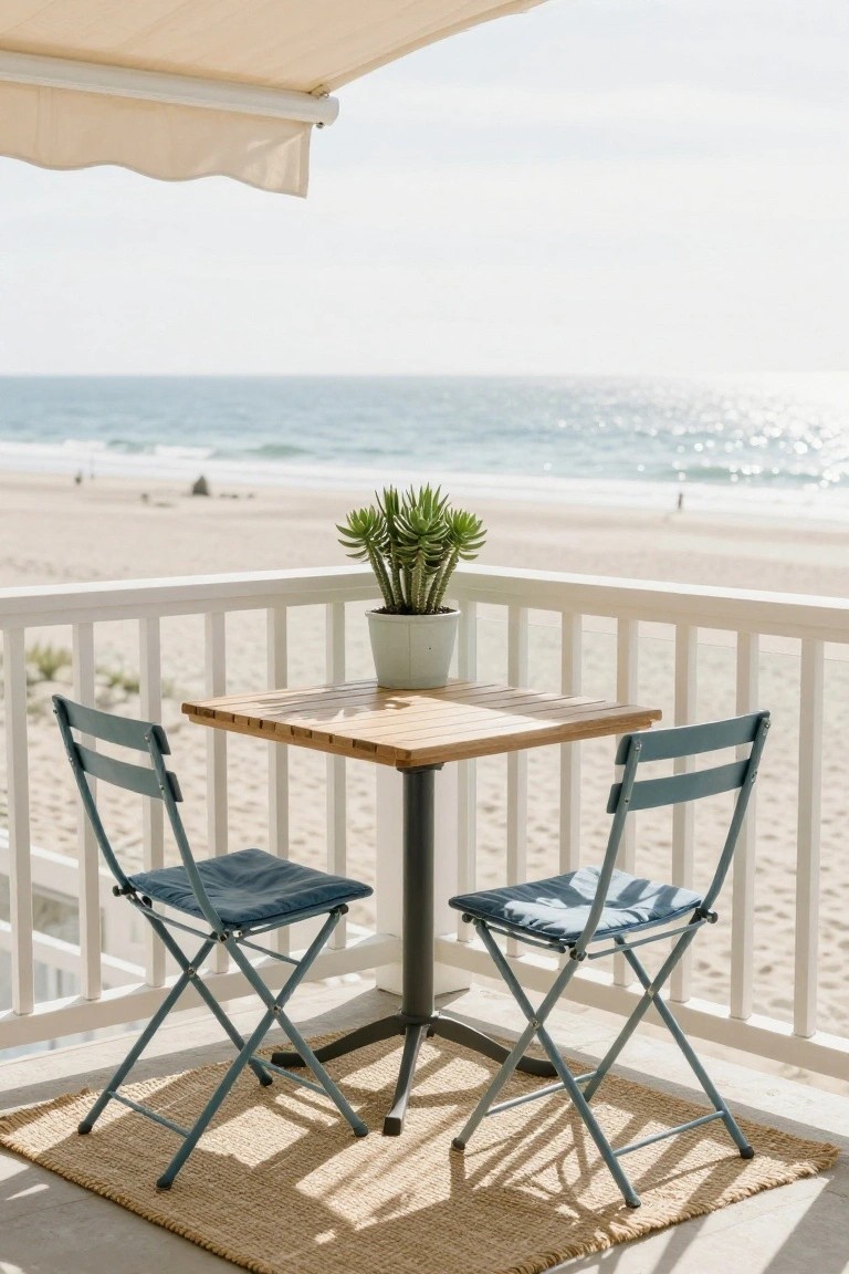 Small square wooden table with two teal folding chairs and potted succulent plant on a balcony railing overlooking sandy beach and ocean under beige awning.
