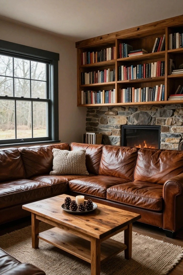 Interior of a cozy cabin living room featuring extensive wooden built-in bookshelves, a stone fireplace with gas flames, brown leather L-shaped sofa, wooden coffee table with pine cones and candle, knit pillow, and large black-framed window showing woods outside.