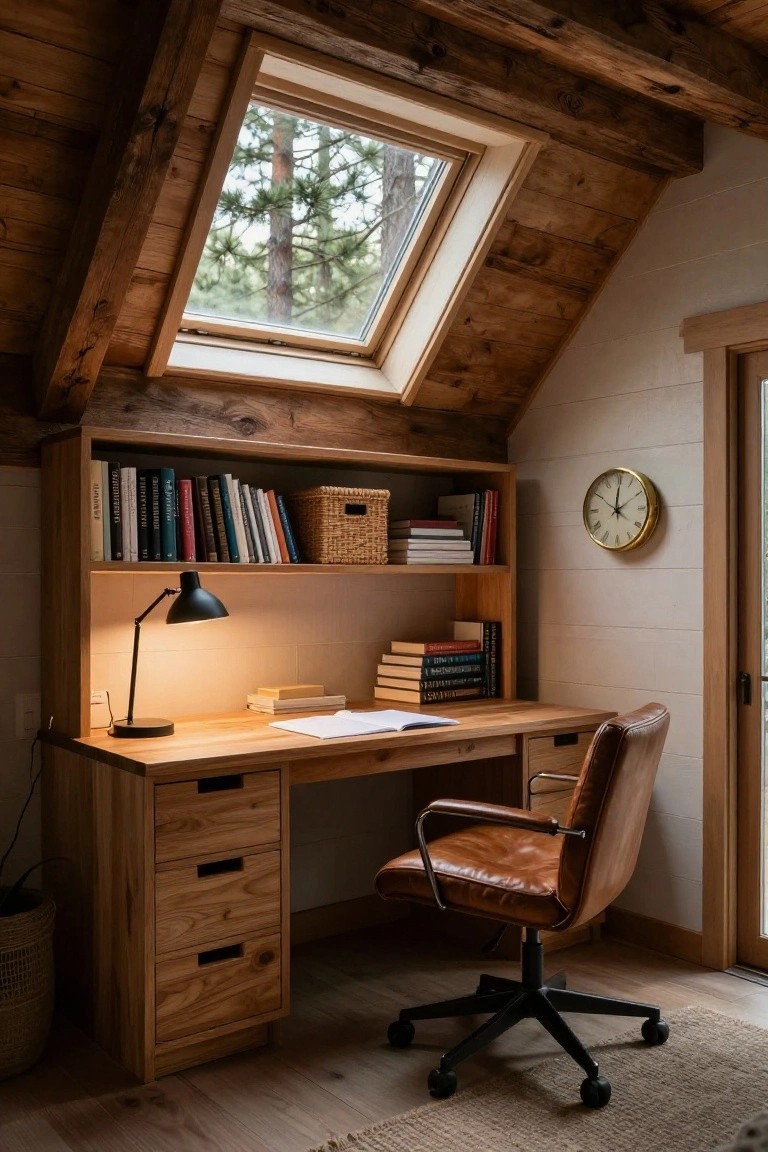 Wooden desk with integrated upper shelving holding books and baskets in a cabin room under a skylight overlooking pine trees, with a lit desk lamp, leather chair, wall clock, and plant pot nearby.