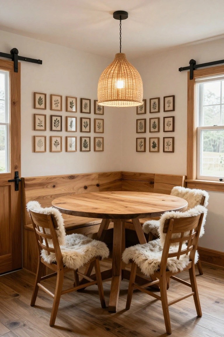 Interior photo of a corner wooden bench with sheepskin cushions, round wooden table, four wooden chairs with sheepskin seats, rattan pendant light overhead, botanical prints on walls, barn doors, and wood flooring in a light-filled room.