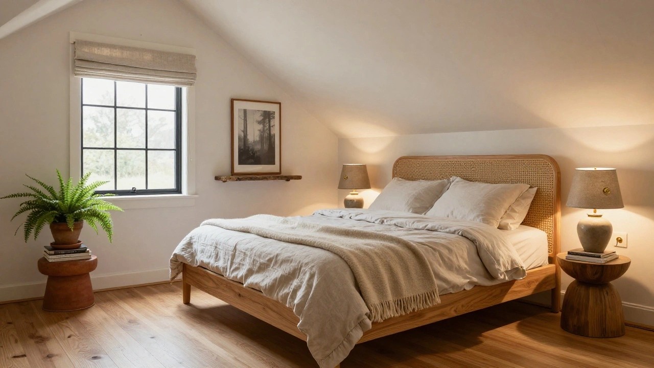 Cabin bedroom with rattan bed frame and white linen bedding under sloped wooden ceiling, brass wall sconces, fern plant on windowsill, and landscape painting on wall.