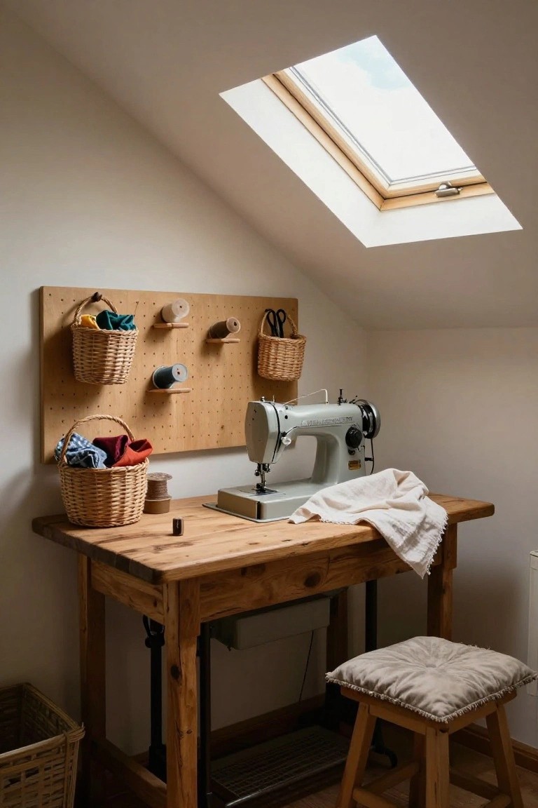 Attic sewing room interior with sloped white ceiling, skylight, wooden workbench holding a gray sewing machine and white cloth, pegboard wall with wicker baskets of colorful fabrics and threads, wooden stool, and floor baskets.