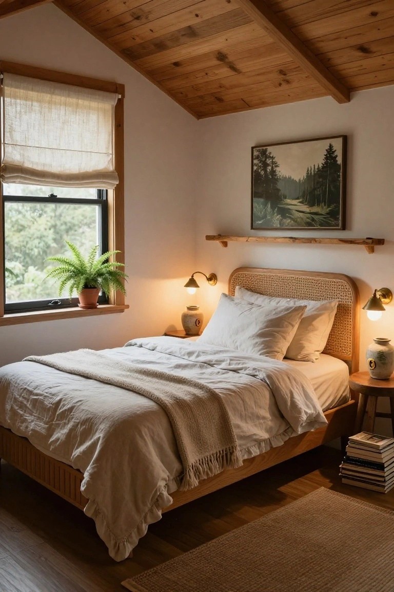 Cabin bedroom with rattan bed frame and white linen bedding under sloped wooden ceiling, brass wall sconces, fern plant on windowsill, and landscape painting on wall.