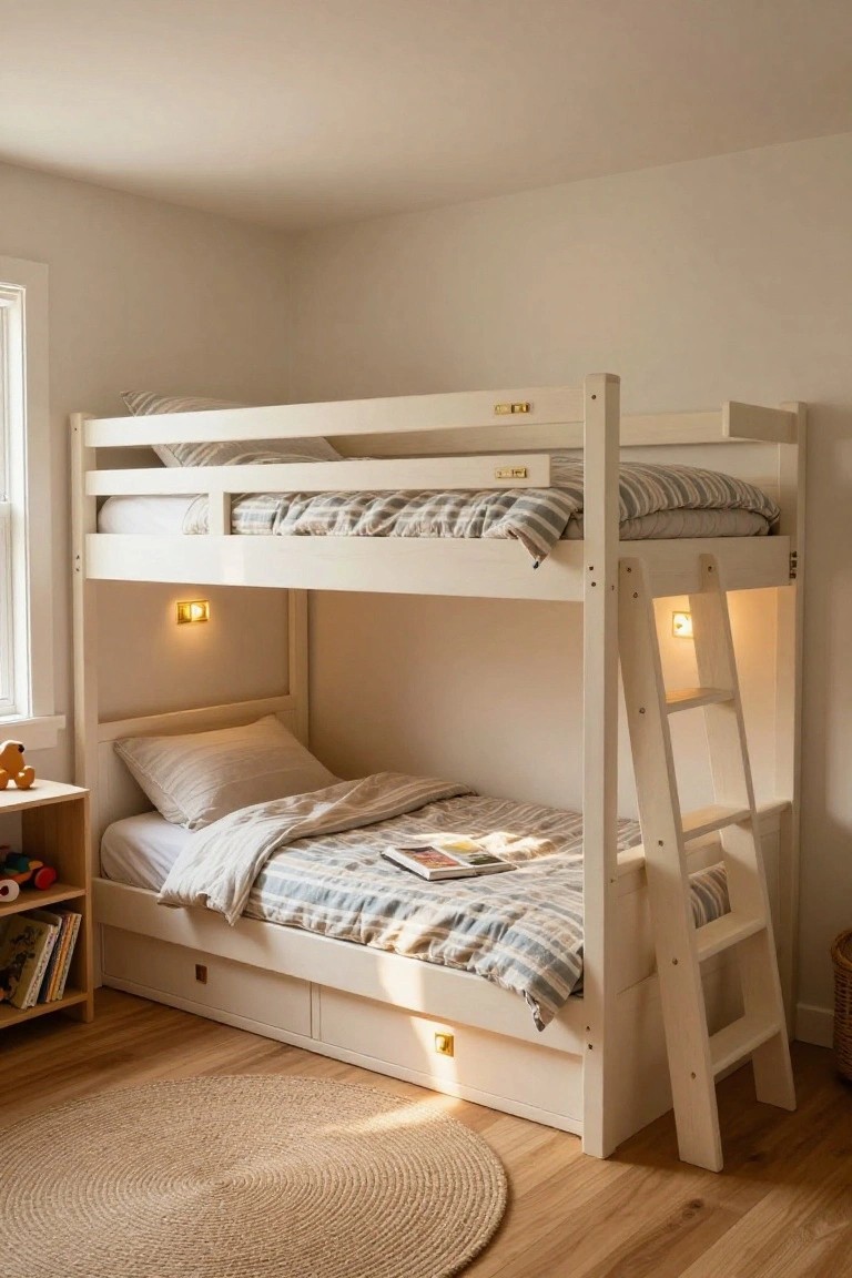 White wooden bunk bed with ladder, lit sconces, and striped bedding in a bright room.