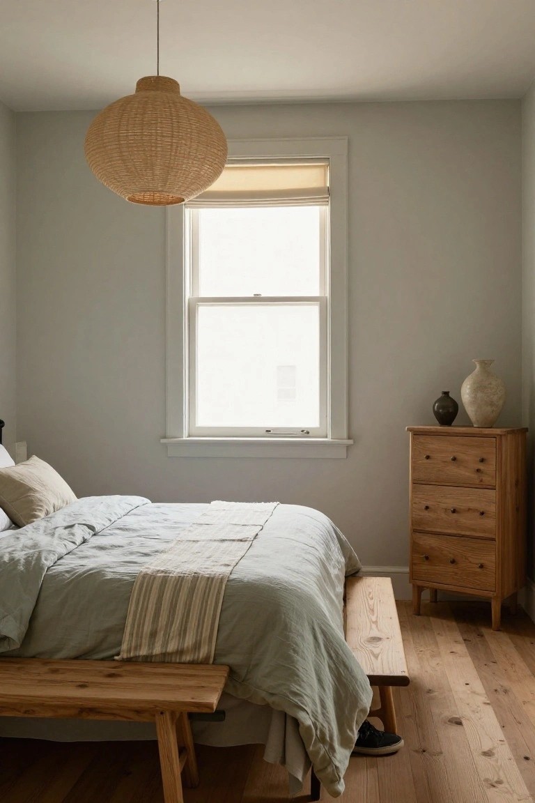 Bedroom interior with pale gray walls, a double bed covered in sage green linen sheets and pillows, a wooden bench at the foot of the bed with a shoe on it, wooden dresser topped with two vases next to a large window with beige blind, rattan pendant lamp hanging above, and light wood floors.