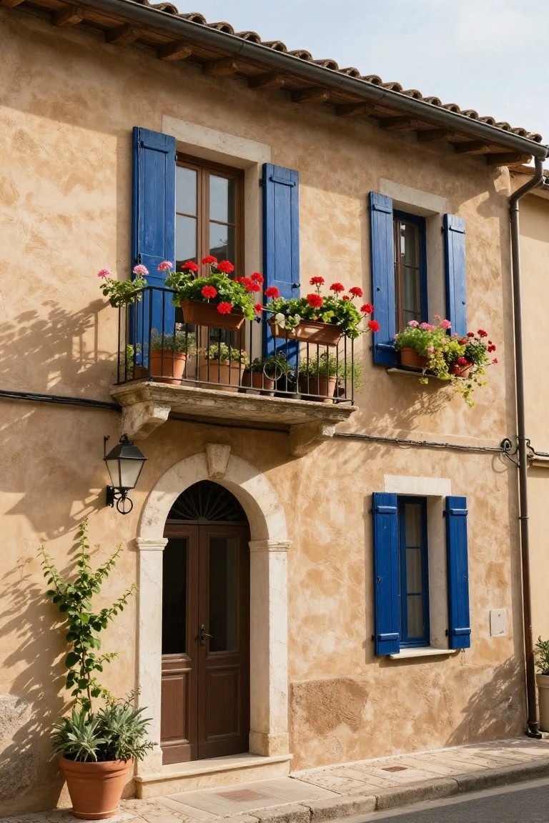 Two-story beige stucco house facade with cobalt blue shutters on multi-pane windows, wrought-iron balcony holding terracotta pots of red geraniums, arched wooden entry door with lantern light beside it, climbing vine and potted plants at the base, on a stone-paved street.
